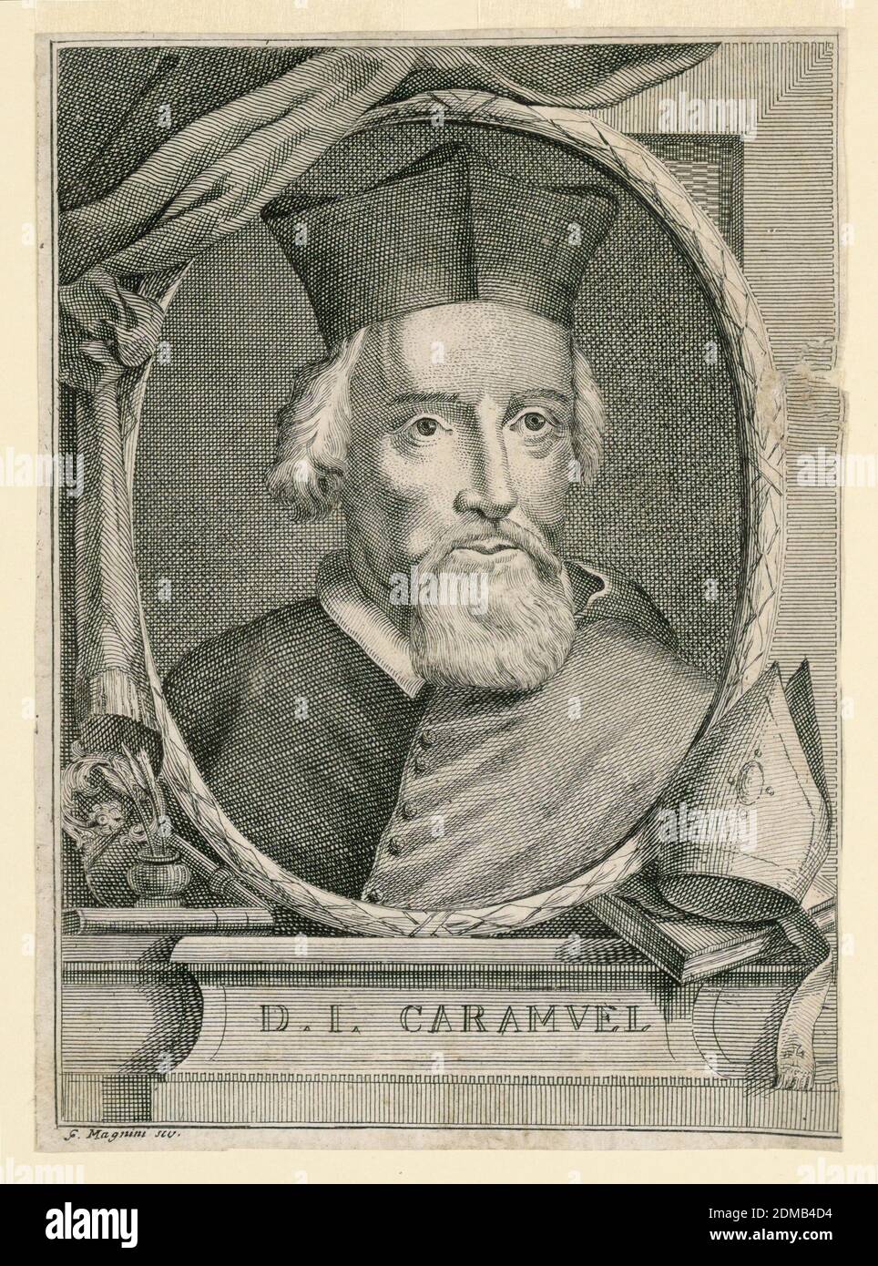 Portrait of Dr. Juan Caramuel de Loblokowitz, Giacomo Antonio Mannini, Italian, 1646 - 1732, Engraving on paper, Portrait bust in frontal view. The sitter, an old man, is wearing a cardinal's cap, a scholar's jacket and a coat over his left shoulder. The portrait is in an oval frame which rests on a pedestal. On the right, a mitre and a book, left a book and an inkwell with pens. over the upper left corner of the frame hangs a drapery., Italy, ca. 1680-1690, Print Stock Photo