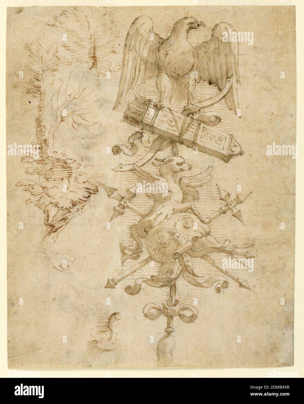Trophy, Pen and brown ink, brown wash Support: white laid paper, Florence, Italy, Italy, ca. 1650, ornament, Drawing Stock Photo