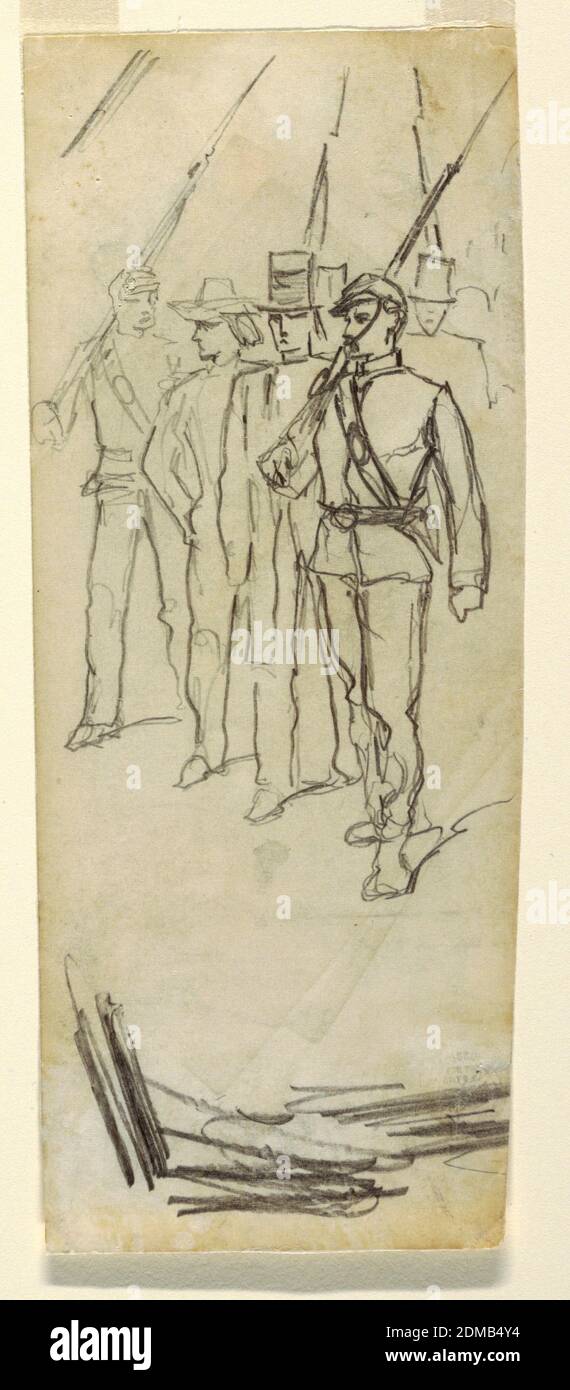 Soldiers Escorting Civilians, Winslow Homer, American, 1836–1910, Graphite on wove paper, Vertical view of soldiers with bayonets fixed, escorting civilians., USA, ca. 1862, figures, Drawing Stock Photo