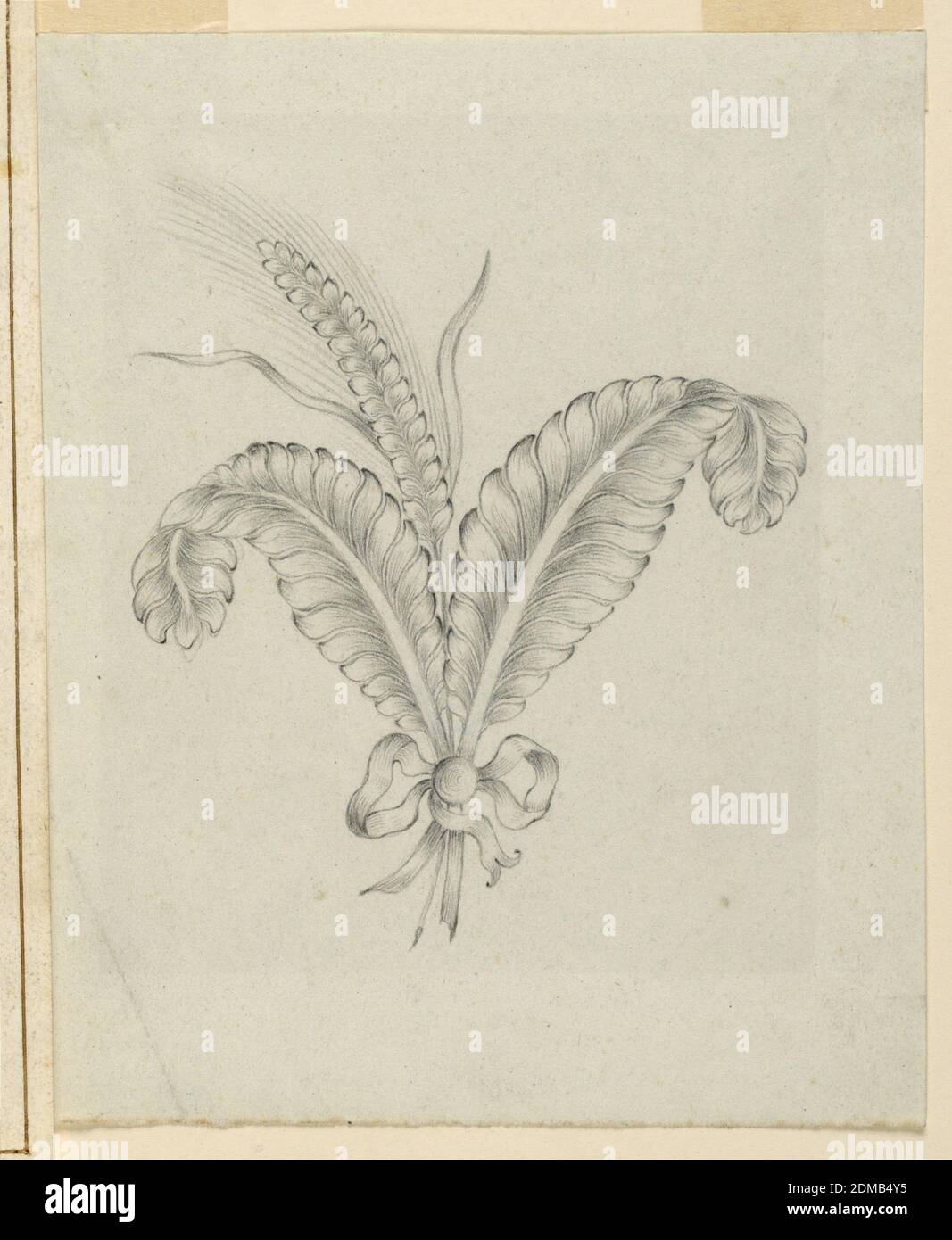 Design for a Corsage, Graphite on paper, Jewelry design for a corsage brooch. Two leaves, ears of barlet, and a knot of ribbon., Italy, ca. 1830, jewelry, Drawing Stock Photo