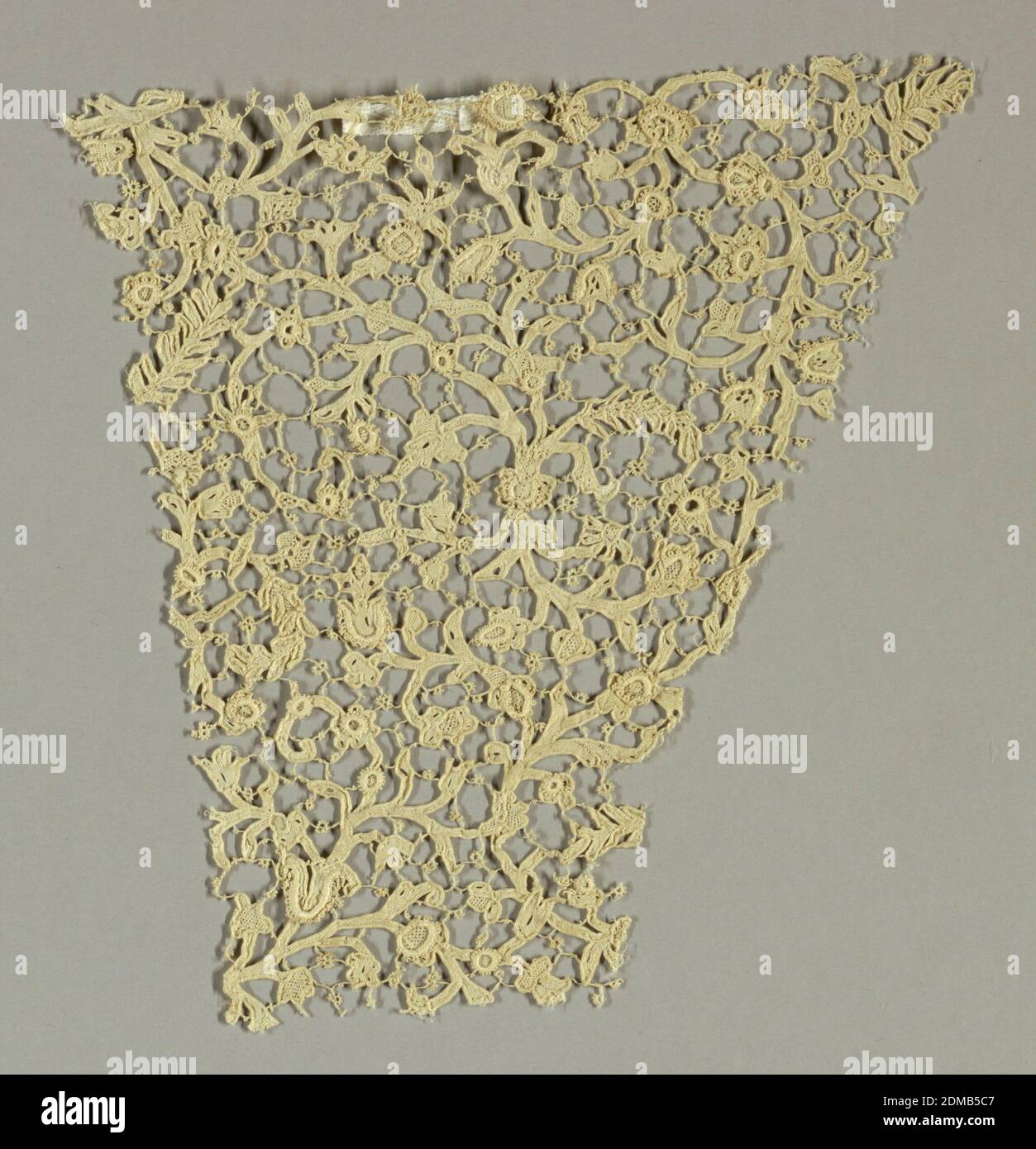 Fragment, Medium: linen Technique: needle lace, Fragment with a delicate vine and flower pattern has raised three-dimensional details. Pattern areas connected by brides with wheels and picots., Italy, 17th century, lace, Fragment Stock Photo