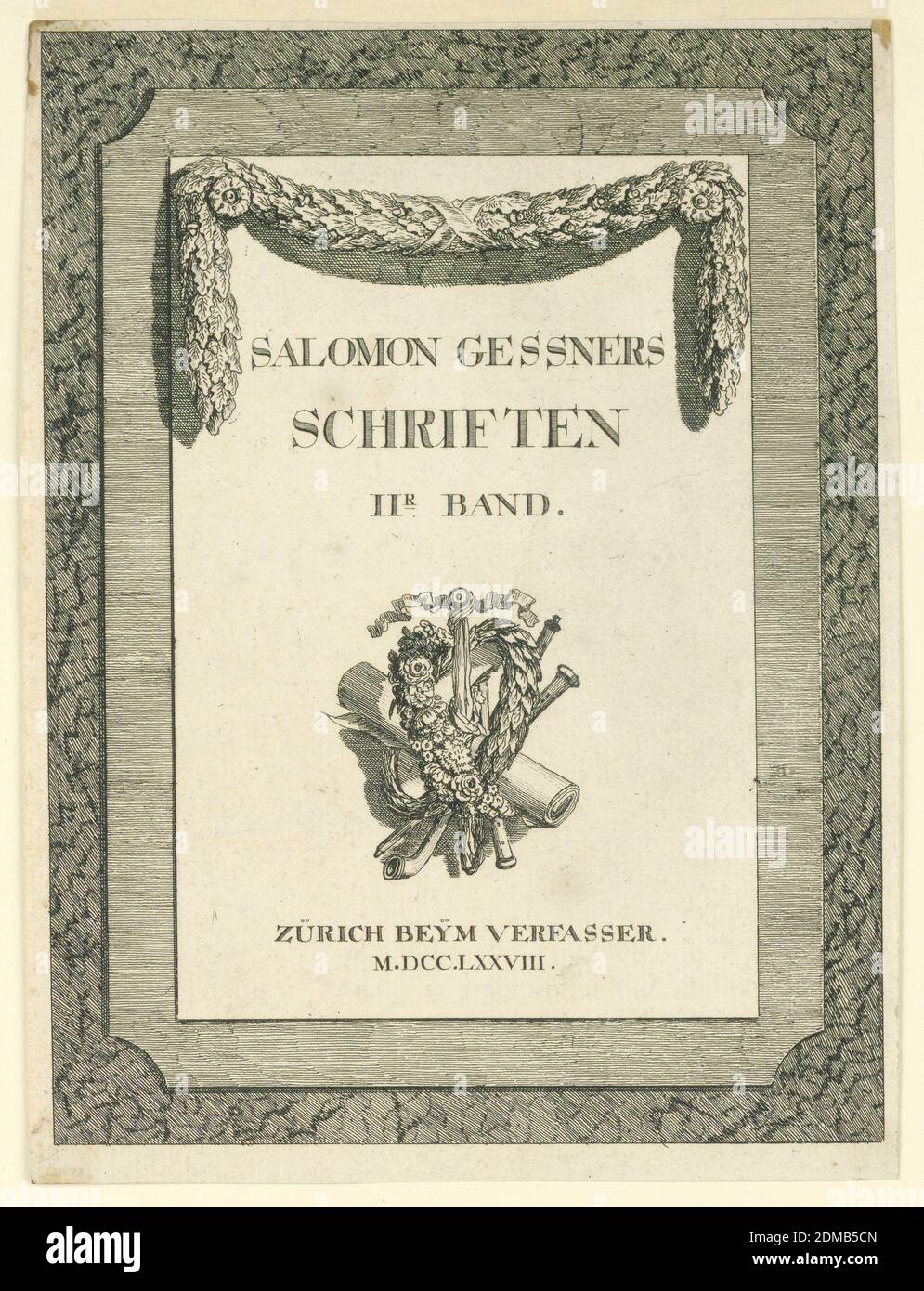 Title Page of the Second Volume of Gessner's Collected Literary Works, Salomon Gessner, Swiss, 1730 - 1788, Etching on paper, Tablet decorated with a garland and a trophy of pastoral emblems. First two lines of the text: 'SALOMON GESSNERS/SCHRIFFTEN'. Paper margins. On verso: 'Chiffre B v(or u) Cl.', Switzerland, 1778, Print Stock Photo
