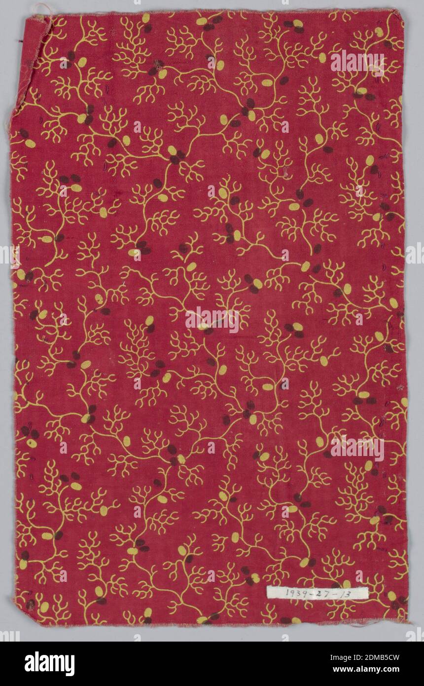 Fragment, Medium: cotton Technique: printed, Fragment with a wavy vine pattern has yellow lines with yellow and brown dots., England or USA, ca. 1850, printed, dyed & painted textiles, Fragment Stock Photo