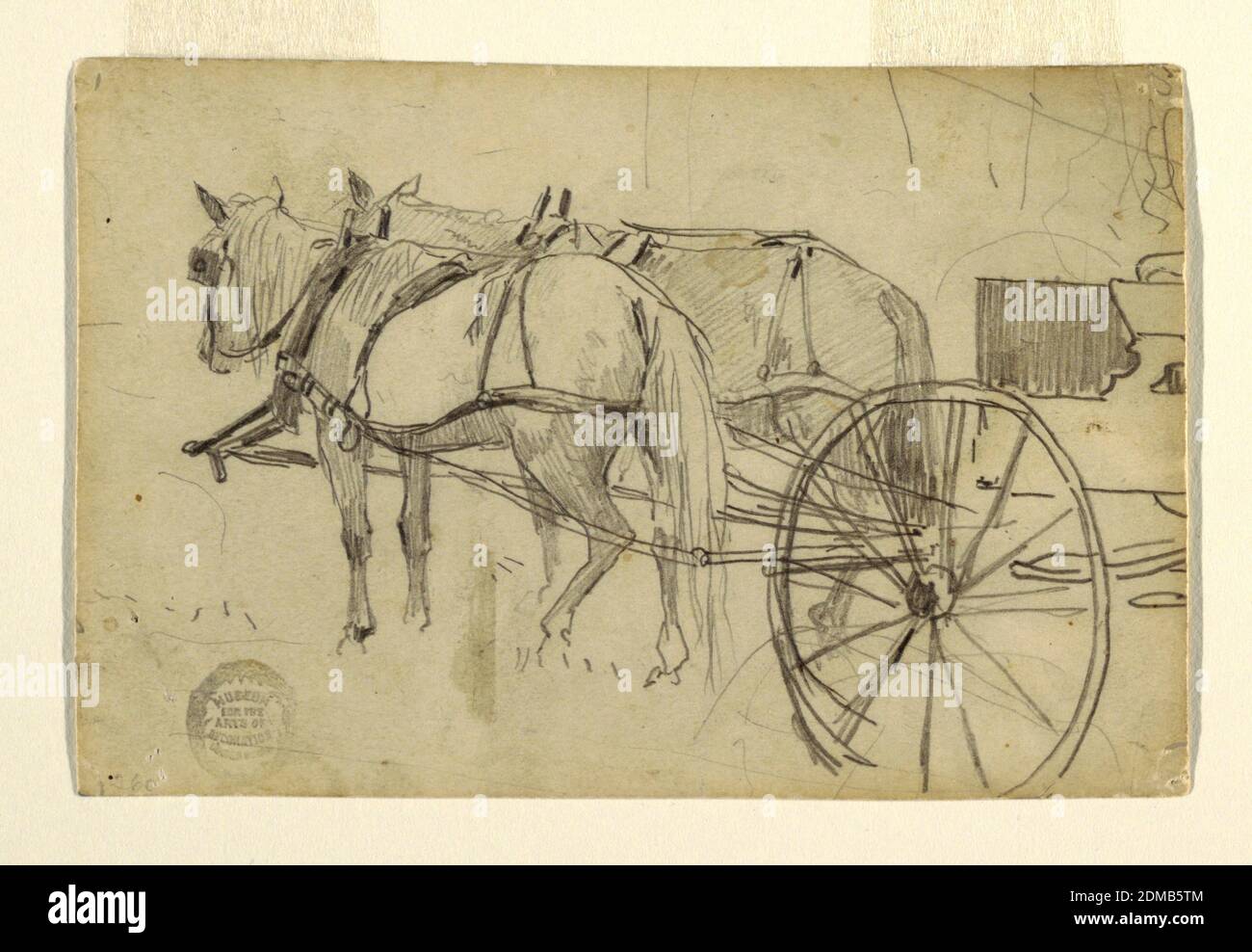 Horses and Wagon (The Picnic Excursion), Winslow Homer, American, 1836–1910, Graphite on off-white wove paper, Recto: Horizontal view of two horses harnessed to a wagon, a portion of which is shown at the right., Verso: Slight horizontal sketch of people at a fireside., USA, 1868, nature studies, Drawing Stock Photo