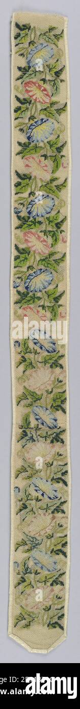 Band, Medium: silk on canvas; silk backing Technique: counted stitch embroidery on plain weave, Design of pink and blue morning glories with green leaves, arranged on stems growing form ends of strip towards the center. Bound and lined with ivory silk. Worked in tent stitch., Italy, 19th century, embroidery & stitching, Band Stock Photo