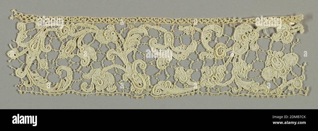 Fragment, Medium: linen Technique: raised needle lace, Border fragment of Gros Point de Venise in a large floral and foliated serpertine design. Pattern outlined by cordonnet and connected by brides picotées and interspersed by portes and gaze quadrillée., Venice, Italy, late 17th–early 18th century, lace, Fragment Stock Photo