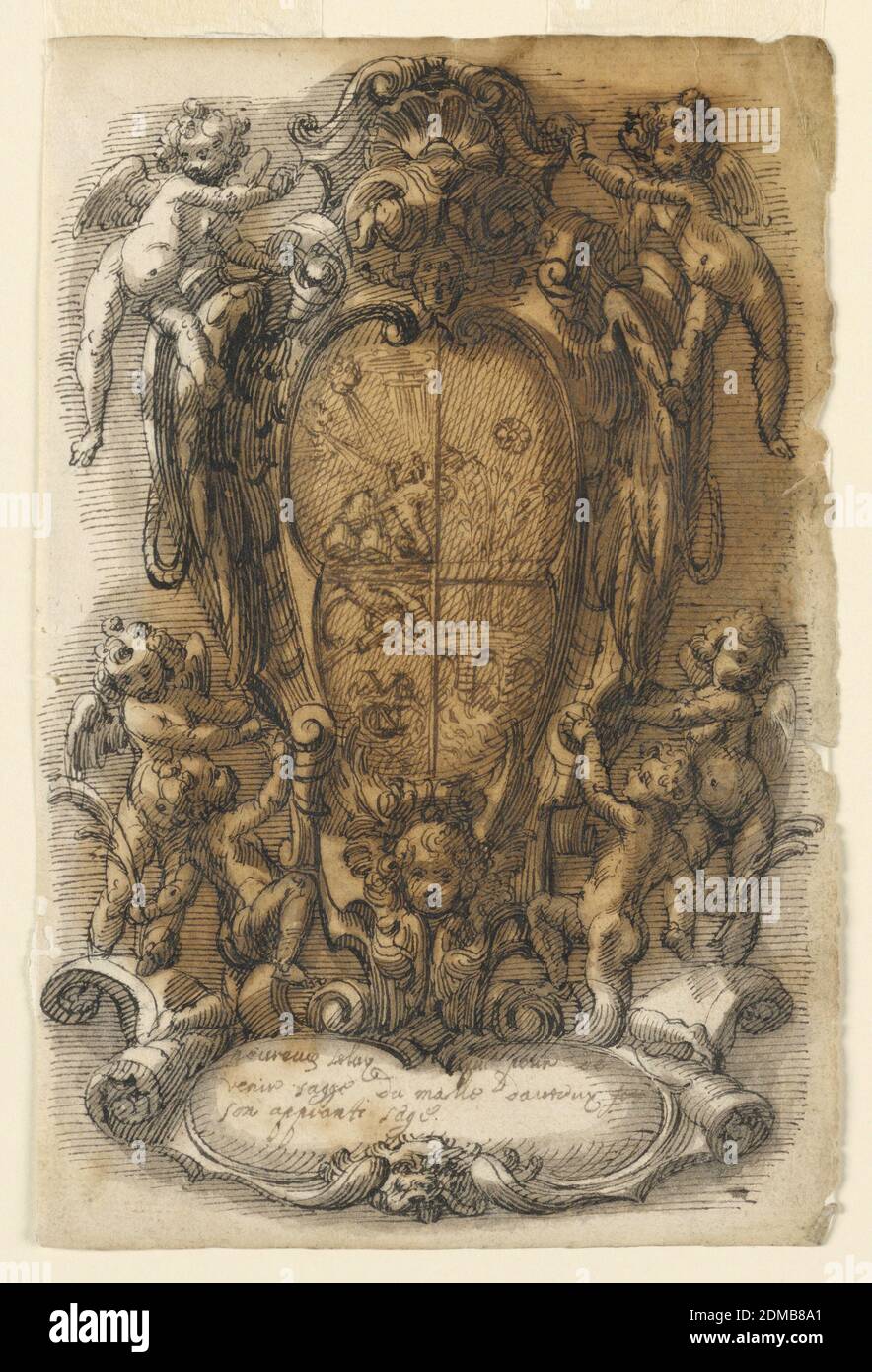 Design of Escutcheon with Coat of Arms, Leonardo Scaglia, French, active Italy, 1640 – 1650, Pen and brown ink, brush and gray wash on off-white laid paper, Elevation of an escutcheon supported symmetrically by four putti, with two more sitting above. The shield of the escutcheon has four quarters in which are depicted a flowering plant, a monogram with the numeral V above (see also 1938-88-2180), and a stone bridge over a stream. There is a tablet below the escutcheon with an inscription (the same as that of 1938-88-2180), with differences in the orthography., France, 1620–40, ornament Stock Photo