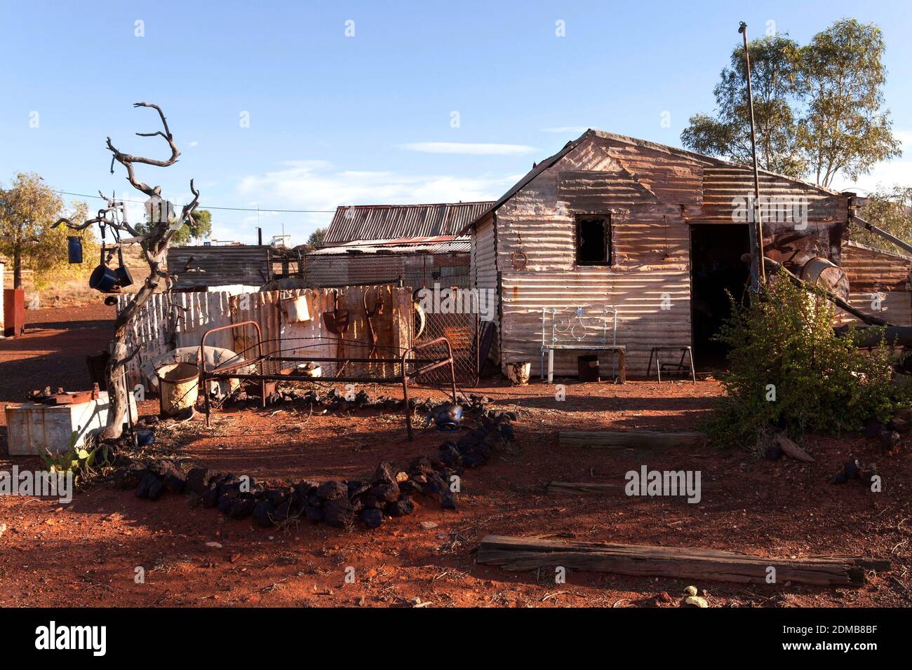 Corrugated iron houses of  the historical gold mining town Gwalia, Leonora,  Western Australia Stock Photo