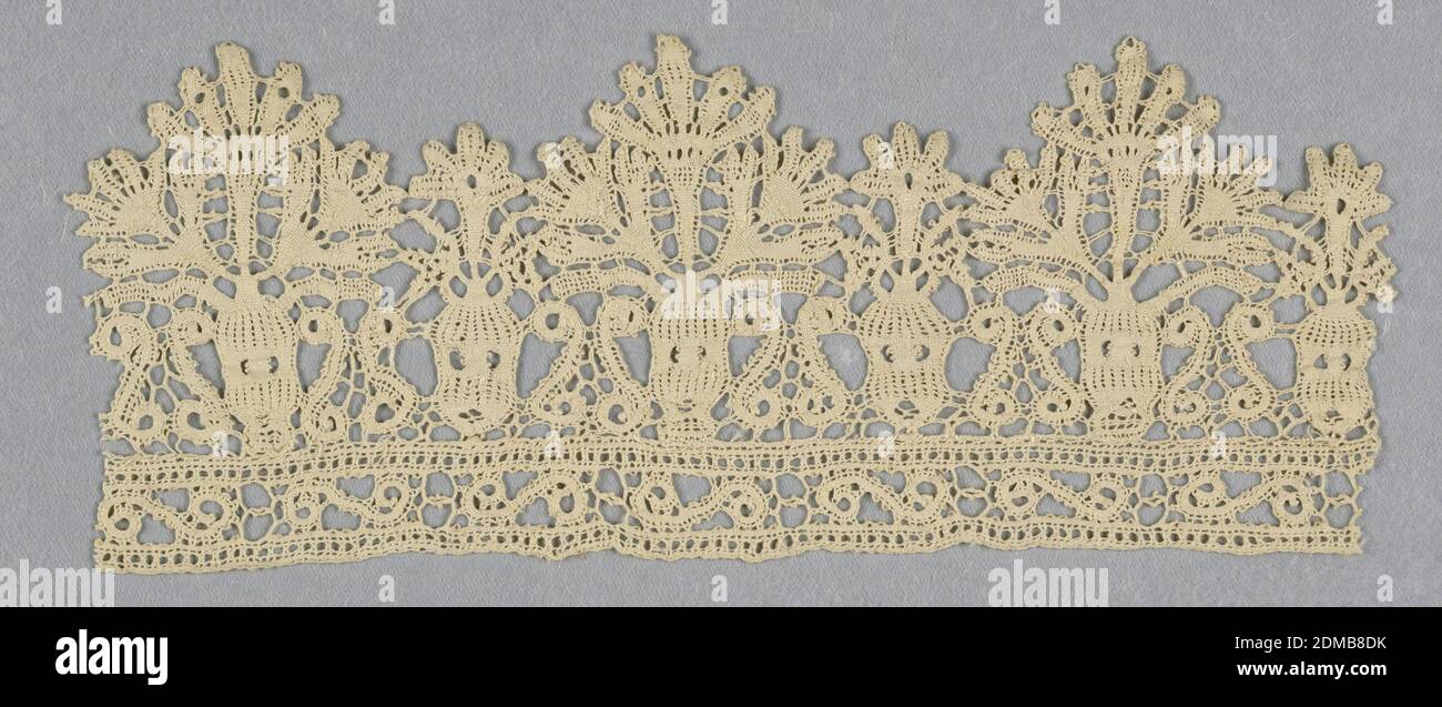 Border, Medium: linen Technique: bobbin lace, discontinuous tape, Fragment with vases of flowers forming tabs., Italy, early 17th century, lace, Border Stock Photo