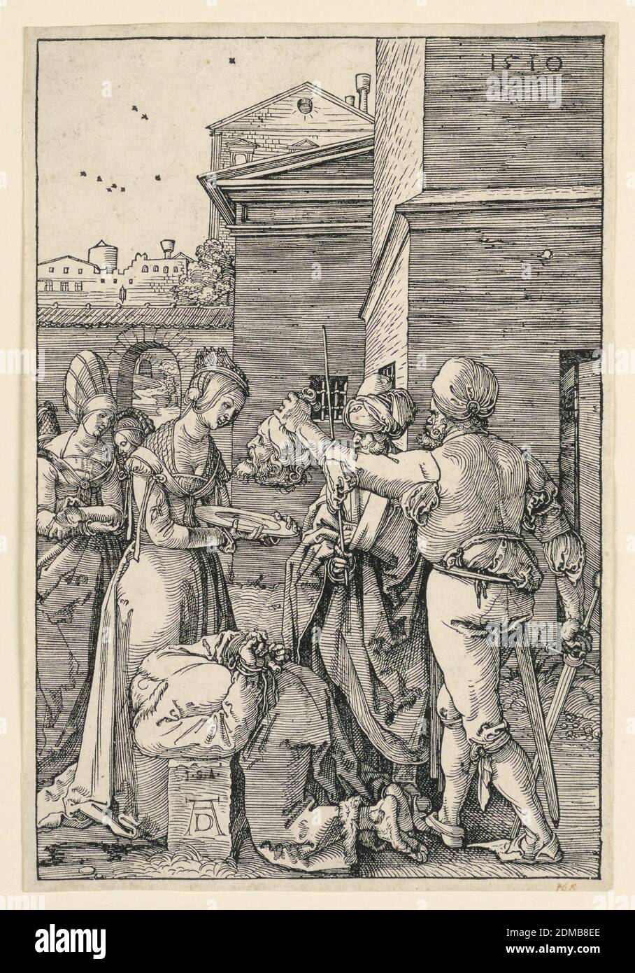 Beheading of John the Baptist, Albrecht Dürer, German, 1471–1528, Woodcut and black ink on paper, the executioner stands at right holding the head of St. John, which Salome, left, waits to receive on a plate. The body of St. John, kneeling, faces left. Monogram of Durer, lower left. Date, 1510, upper right., Germany, 1510, figures, Print Stock Photo