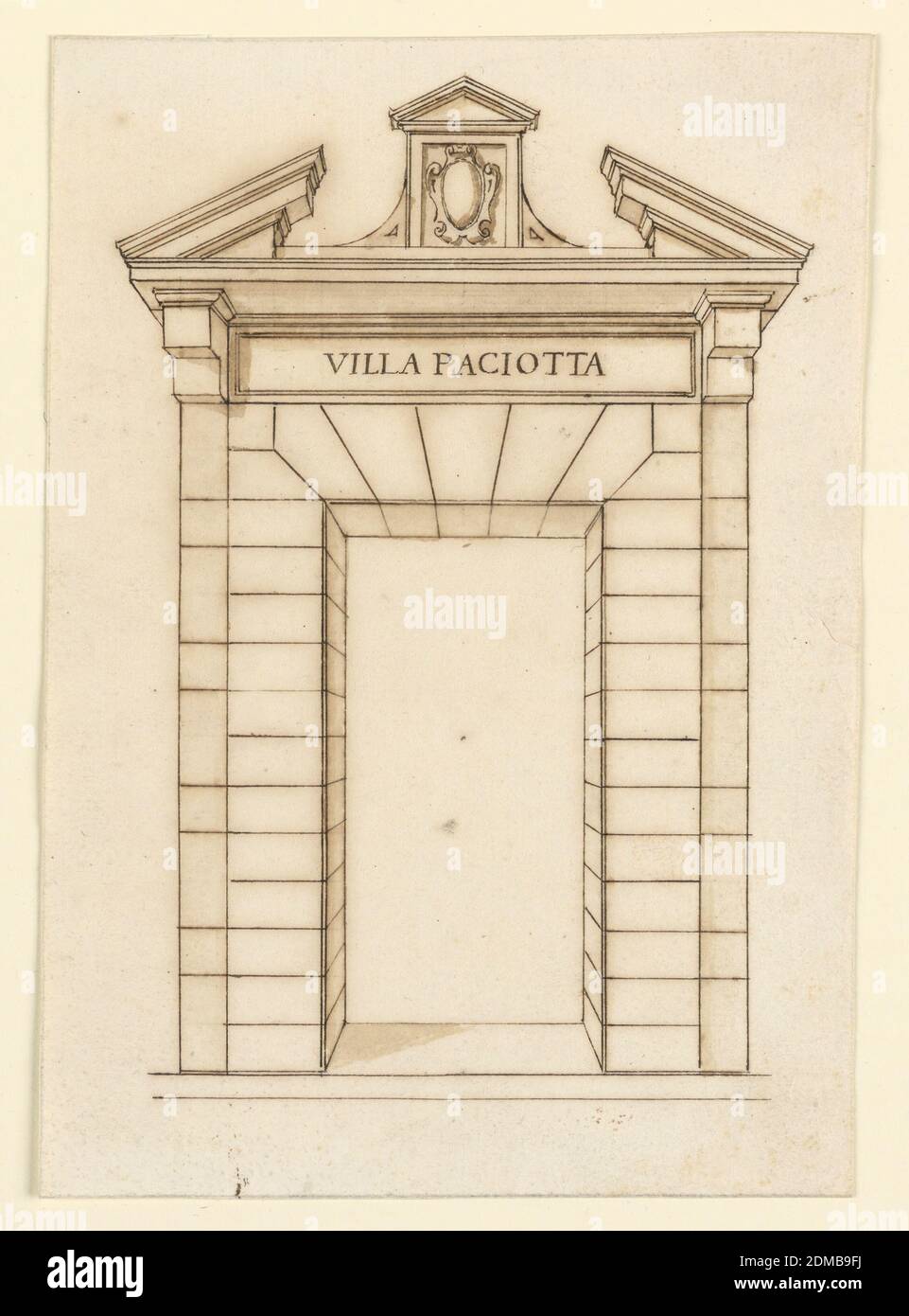 Elevation of a Gateway, Pen and brown ink on off-white laid paper, lined, Gate with a broken pediment supported by brackets. No scroll volutes., Inscribed: Villa Paciotta, Italy, ca. 1575, architecture, Drawing Stock Photo