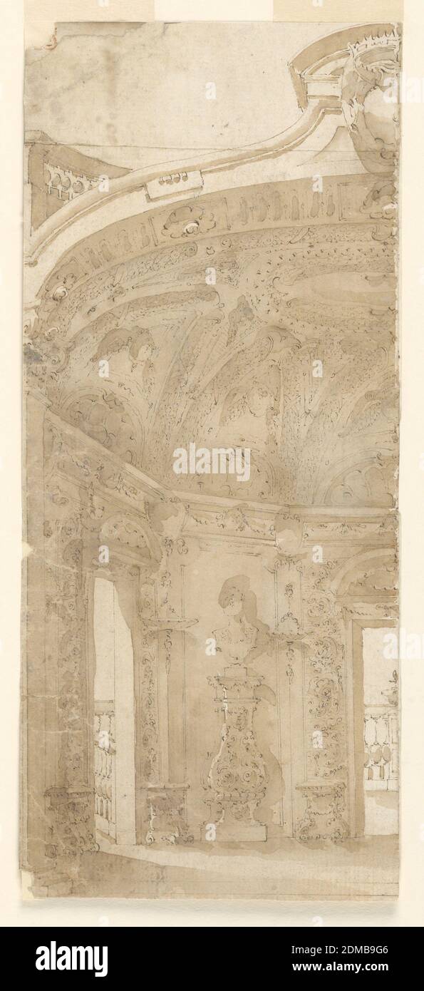 Design for a Wall Painting: View of an Imaginary Room, Pen and ink, bistre wash on paper, Vertical rectangle. The left half of an apse-like room is shown. Views of balustrades through doors at left and in the rear. A pedestral with a bust stands between stools and lamps at the wall between the doors. A pediment with a curved escutcheon and a part of a balustrade are on top., France and Italy, 1720–50, interiors, Drawing Stock Photo