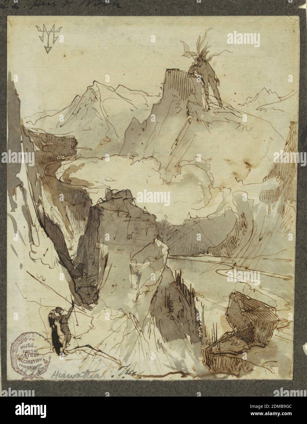 Hiawatha sees Mudjekeewis, Thomas Moran, American, b. Britain, 1837–1926, Graphite, pen and brown ink, brush and gray-brown wash on paper, Vertical view with summits of Rockies separated by a lake and clouds bridging the gap. Hiawatha, leaning on a rock in left foreground, raises his right arm in greeting. Mudjekeewis stands upon a summit in the back., USA, 1870–75, landscapes, Drawing Stock Photo