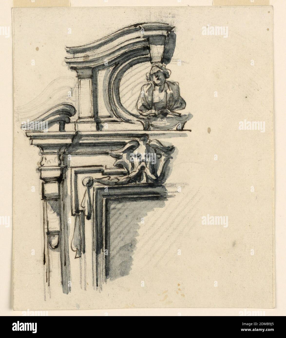 Window Case, Filippo Marchionni, Italian, 1732–1805, Charcoal, pen and ink, brush and dark brown watercolor on laid paper, Broken pediment with very small cornices. The attic of the central part has an opening in which a bust rests. Above the window frame is a mask., Italy, 1740–70, architecture, Drawing Stock Photo