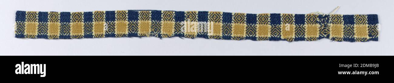 Textile, Medium: wool Technique: 2/2 diamond twill, Check of alternating dark blue and warm tan stripes in both the warp and weft, with off-white accents. Diamond or birds-eye twill effect in woven pattern., USA, 19th century, woven textiles, Textile Stock Photo