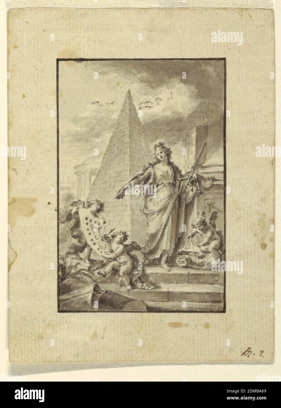 Design for an Illustration: 'Architecture', Fedele Fischetti, Italian, 1734 - 1789, Brush and gray wash on cream laid paper, ruled border in pen and black ink, Standing among remains of classical architecture, a woman points at a plan held by two putti. She carries instruments for measurement in her left hand. A third putto measures a capital. Bordering line., Verso: fragment of a design; pencil, pen. Volutes are connected by intertwined bands., Italy, 1760–89, architecture, Drawing Stock Photo