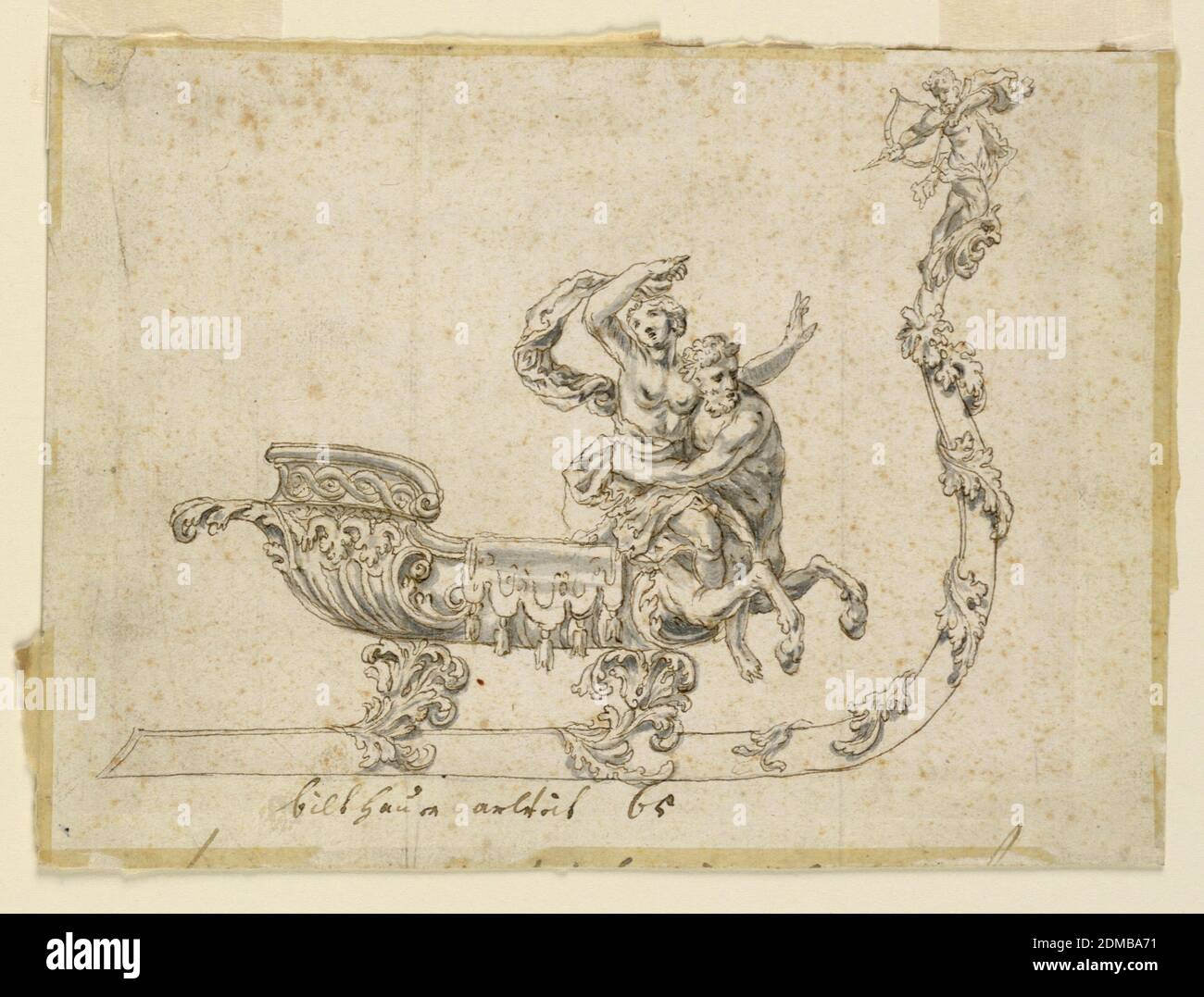 Design for a Salt Cellar in the Shape of a Sleigh, Pen and brown ink, brush and grey wash on paper, The forward part of the body of the vessel represents a centaur abducting a maiden, and behind, the body is in the form of a boat, over whose side hangs a lambrequin. The single runner shown, encircled by leaves, terminates in the figure of a bearded man with bow and arrow aimed at the centaur., Germany, 1675-1690, Drawing Stock Photo