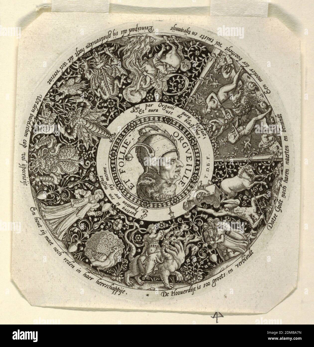 Design for an Engraved Tazza with the Head of a Jester and a Satyr, representing Pride and Folly, Theodor de Bry, Flemish, 1528 – 1598, Engraving on white laid paper, Double head of two men, one of whom wears a fool's cap, in the center, embodying Pride and Foolishness, which form the theme of the representations in the outer circle: the wife upon the dragon of the Revelations of St. John; Phaeton's death; the original sin; Marcus Curtius jumping into the abyss; a woman with a looking glass; a peacock; monsters. Inscriptions in Low German and French., Netherlands or Belgium, ca. 1588, ornament Stock Photo