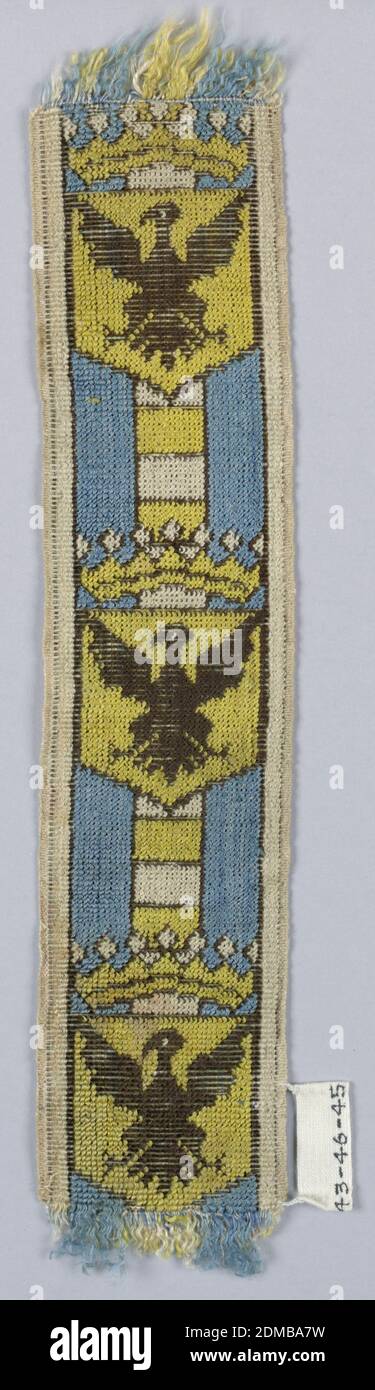 Trimming, White, black, blue, and yellow in uncut velvet weave., Crowned shield showing spread eagle (black on yellow); ground of light blue with central stripe with horizontal bands of yellow and white., Spain, early 19th century, trimmings, Trimming Stock Photo