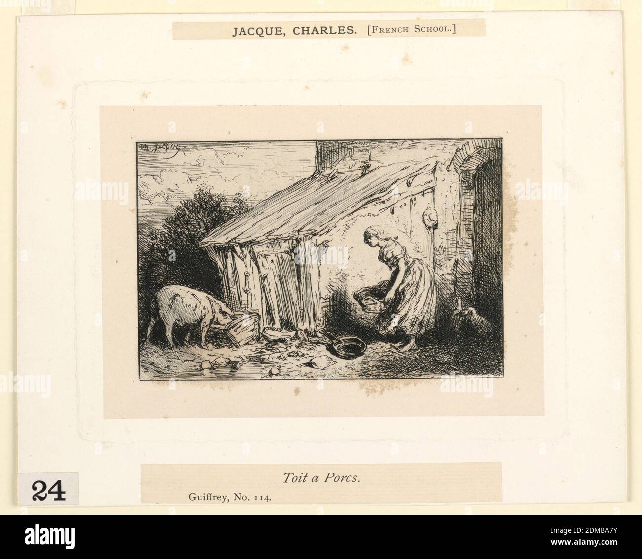 Toit a Porcs, Charles Emile Jacque, French, 1813 - 1894, Etching on China paper pasted down, A farm maid carries a basket past a shed. A pig eats from a trough, left; two geese, right., France, 1846, Print Stock Photo