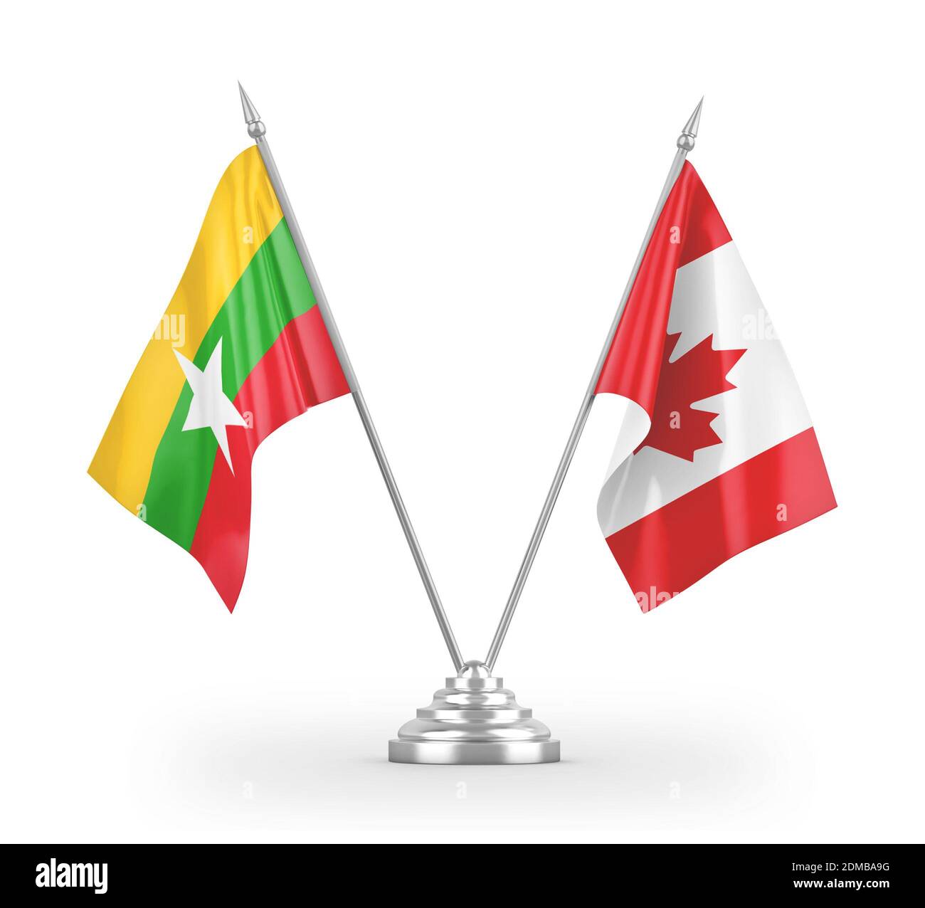 Canada and Myanmar table flags isolated on white 3D rendering Stock Photo