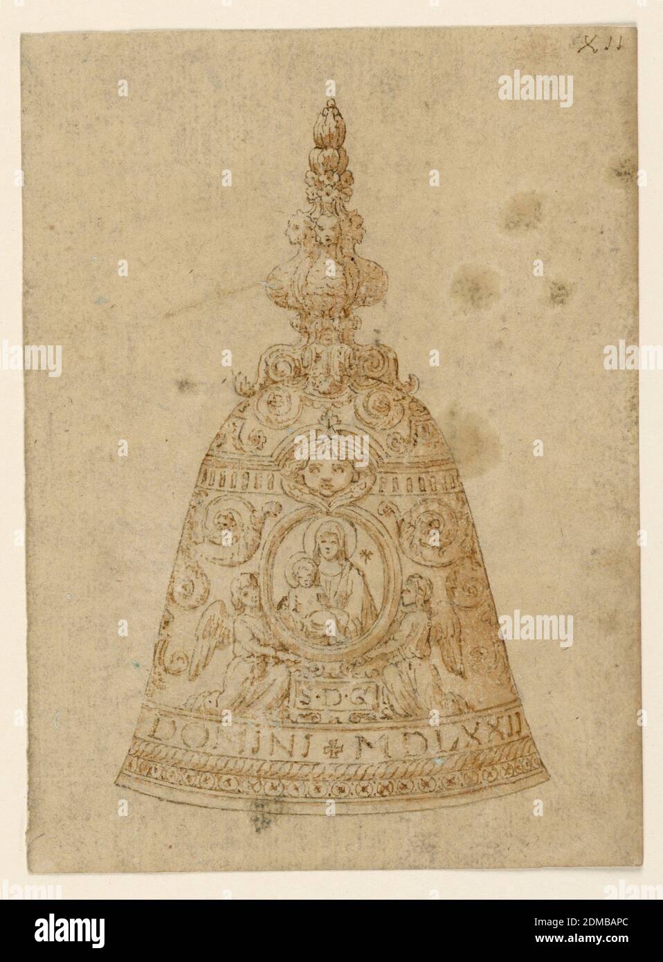 Hand bell, Pen, sepia and red-brown watercolor on brown-grey paper, Vertical rectangle. The handle consists of birds with woman heads, with scrolls below, rows of columns, and leaves above. The main field of the body is decorated with two kneeling angels supporting an oval representation of the Virgin with the Child, above it is a cherub. Rinceaux are at the sides. The framing moulding is curved above the cherub. Below the representation is a tablet with 'S.D.G.' Below is a band with 'DOMINI M D L X X I I.', Italy, 1572, tableware designs, Drawing Stock Photo