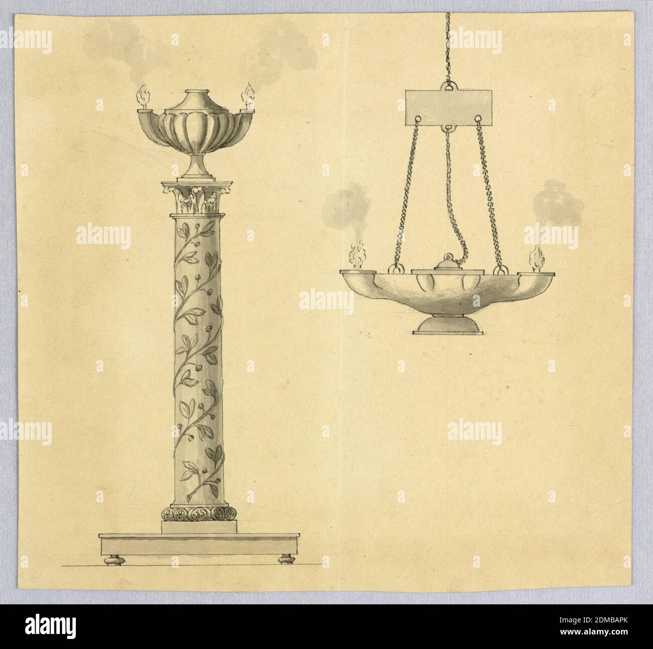 Designs for Oil Lamps, Pen and black ink, brush and wash, graphite on paper, Horizontal rectangle. Designs for a standing and a hanging oil lamp. At left, a Corinthian column, around the shaft of which a laurel bough is wound, rises from a base which is supported by knobs. The column supports the lamp at top, which is shaped like a bossed urn with two spouts laterally. At top right, a lamp with two spouts hangs on two chains from a metal plate which is hanging on a chain. A cover rising from the central part of the lamp hangs on a chain from the bottom of the plate. Both lamps are lighted Stock Photo