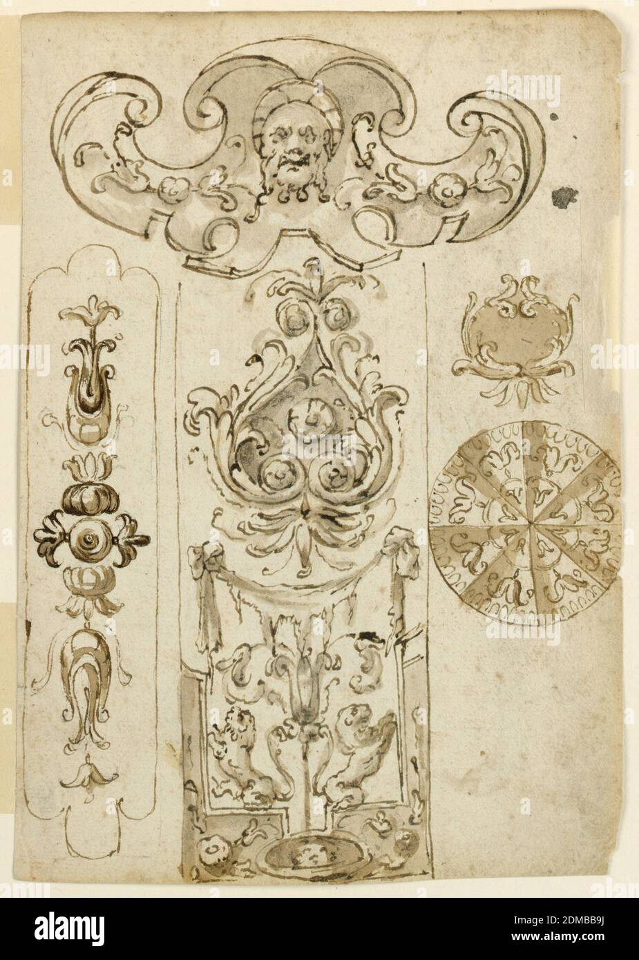 Decorative Motifs, Black chalk, pen and ink, bistre on laid paper. On verso: brush and dark brown watercolor washes on laid paper., Vertical rectangle. A scrollwork escutcheon with a bearded mask. At bottom left a panel with two acanthus flowers, symmetrical to a disk motif. At center, an oblong with pointed plant motif over a drapery festoon of a hide. Below it are rampant lions on a grotesque frame motifs with their backs turned to a plint. At right, a painted plant motif with a tent circle with calices. On verso: a male and female satyr support with their heads baskets., Italy, 1580–1600 Stock Photo