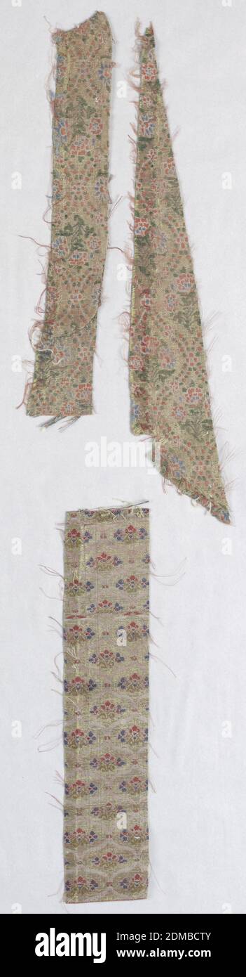 Fragment, Medium: silk Technique: compound weave, Fragments with flowering plant forms set within undulating ogival forms., Iran, 18th–19th century, woven textiles, Fragment Stock Photo