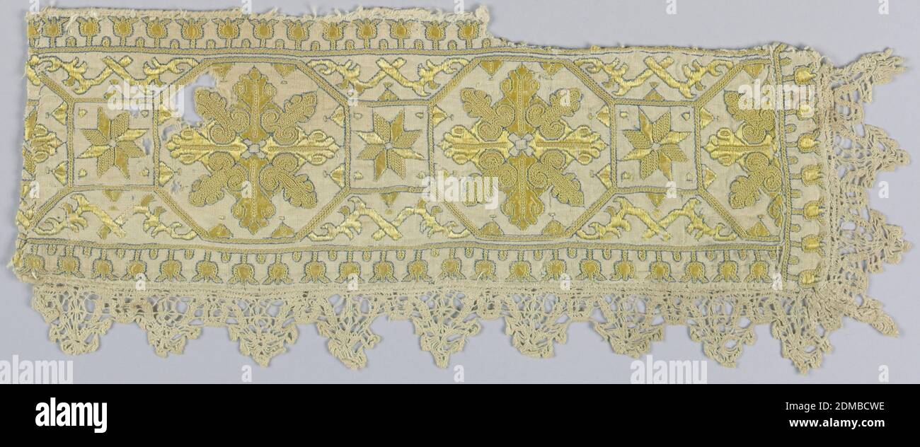 Fragment, Medium: linen, silk Technique: embroidered, bobbin lace, Fragment of a woven linen band showing design of octagons containing heraldic crosses. These are connected by smaller squares containing eight-pointed stars. Narrow border of small flower sprigs and scalloped bobbin lace. Embroidered in yellow silk with dark blue used for outlines., possibly Italy, possibly Spain, 18th century, embroidery & stitching, Fragment Stock Photo