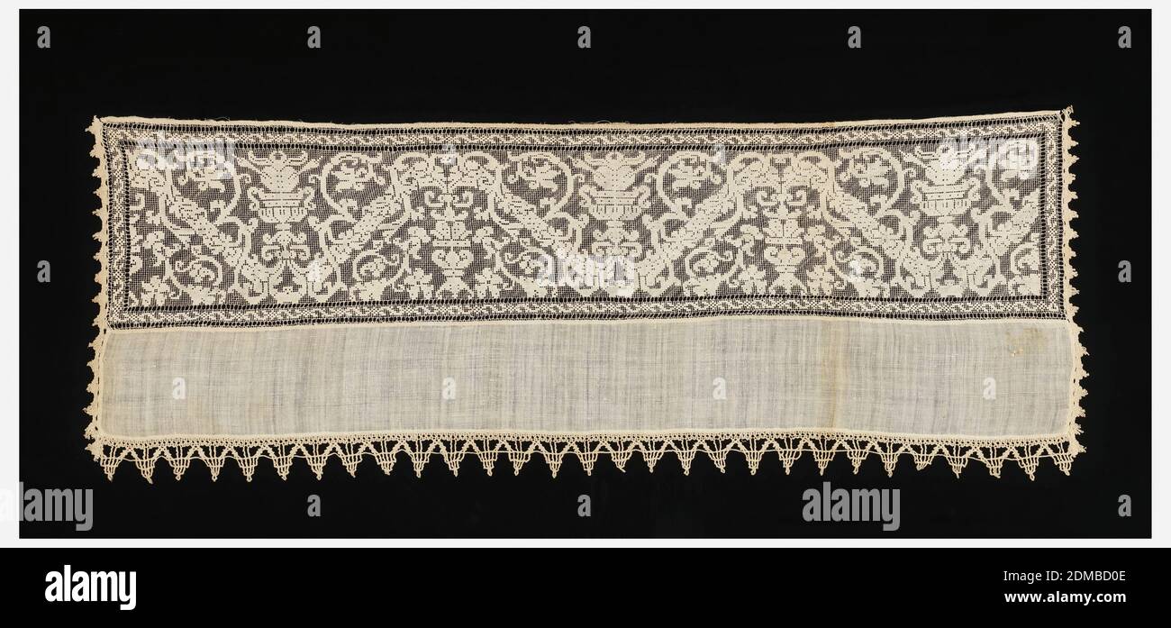 Panel, Medium: linen Technique: needlework on hand knotted net with bobbin lace edge, End of a towel or table cover. Needlework on knotted net with a design of scrolling vines over diagonal bars in a symmetrical arrangement with urns., Italy, 16th–17th century, lace, Panel Stock Photo
