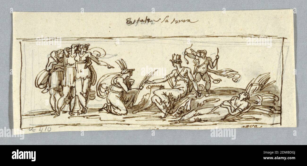 Summer on Earth, Felice Giani, Italian, 1758–1823, Pen and brown ink, brush and brown wash, traces of graphite on cream laid paper, Ceres and Cybele seated on mound in center. Kneeling girl offers her grain. Group composed of girl and two young men embracing each other, stand at left. Cupid standing behind Ceres pointing bow at group. Woman sleeps upon sheafs of grain., Italy, ca. 1800, figures, Drawing Stock Photo