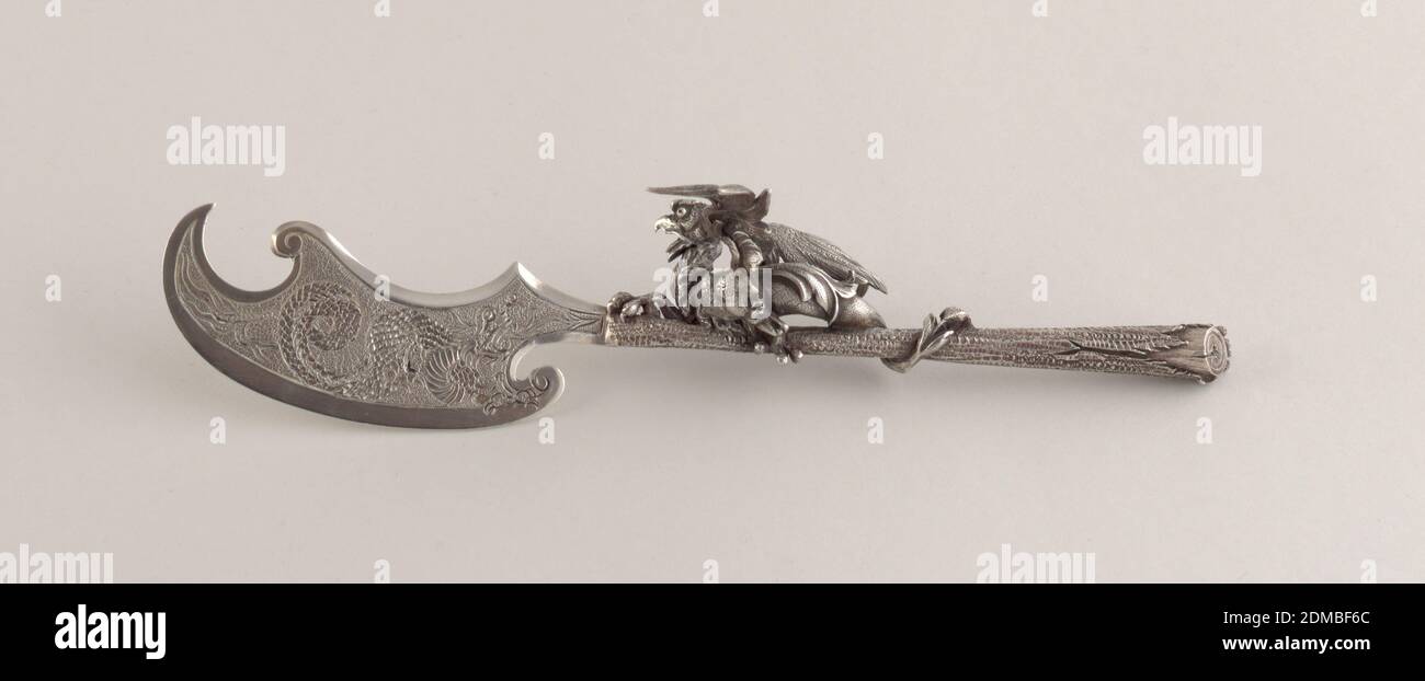 Knife, Charles Victor Gibert, French, Silver, steel, Modeled dragon figure on handle and engraved dragon on blade., ca. 1890, cutlery, Decorative Arts, Knife Stock Photo