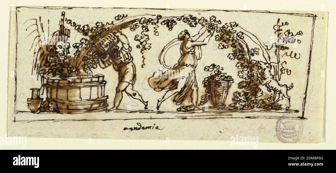 Winemaking, Felice Giani, Italian, 1758–1823, Graphite, pen and ink, brush and wash on paper, Horizontal rectangle with classical figures. Woman at right harvesting grapes from the vine. Man at left pouring them into a vat, under the watchful gaze of theatrical masks., Italy, ca. 1800, figures, Drawing Stock Photo