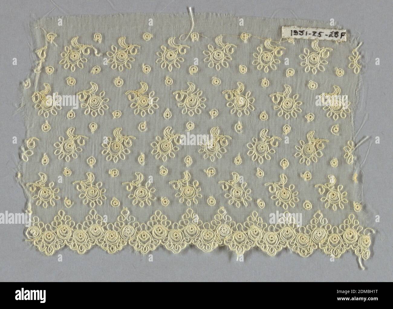 Fragments, Technique: machine embroidery, Transparent substrate embroidered with white thread with alternating rows of single flowers with stems. Scalloped border with small rosettes surrounded by curlicues., France, late 19th century, embroidery & stitching, Fragments Stock Photo