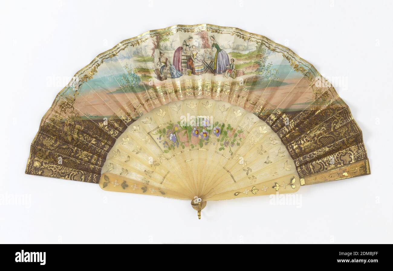 Pleated fan, Paper leaf with gilded and hand-colored lithograph; pierced, gilded and painted horn sticks, Paper leaf with hand-colored lithographs hand painted in gouache. Obverse shows a group of men and women in a park. Reverse shows a woman and a little boy looking at needlework. Sticks are pierced and gilded horn painted with flowers., possibly France, mid- 19th century, costume & accessories, Pleated fan Stock Photo