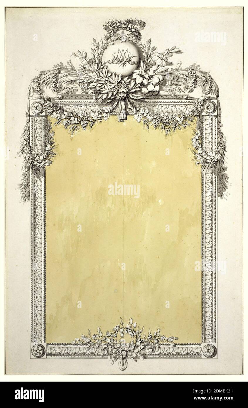Design for a Mirror Frame with Monogram of Marie-Antoinette, Richard de Lalonde, French, active 1780–96, Marie Antoinette, Queen of France, French, 1755 - 1793, Pen and black ink, brush and gray wash, yellow watercolor, graphite on paper, Vertically oriented rectangular mirror framed with moldings intertwined with floral garlands at the top. The garlands and other floral motifs frame a sphere with Marie Antoinette's monogram. Top center of frame is decorated with two doves, a garland from which is suspended a wreath with two arrows and a tassel. Below, a six-armed chandelier. Stock Photo