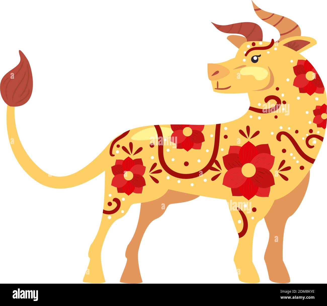 Chinese new year 2021 bull with red flowers design, China culture asia