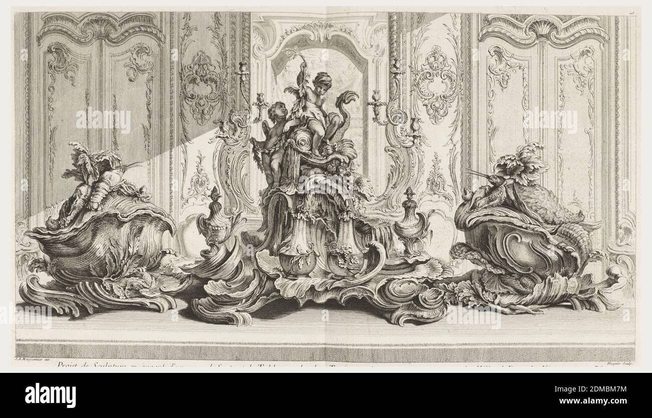Projet de Sculpture en Argent d'un Grand Surtout de Table et les Deux Terrines...Executée pour Millord Kinston (sic) en 1735 (Design for Centerpiece and Two Tureens for the Duke of Kingston in 1735) plate 115 in Œuvre de Juste-Aurèle Meissonnier, Juste-Aurèle Meissonnier, French, b. Italy, 1695–1750, Gabriel Huquier, French, 1695–1772, Etching on off-white laid paper, The tureens are the visual elements for the crowning figures of the surtout. The shape of the lid of the tureens is adapted from the form of a sea-shell Stock Photo