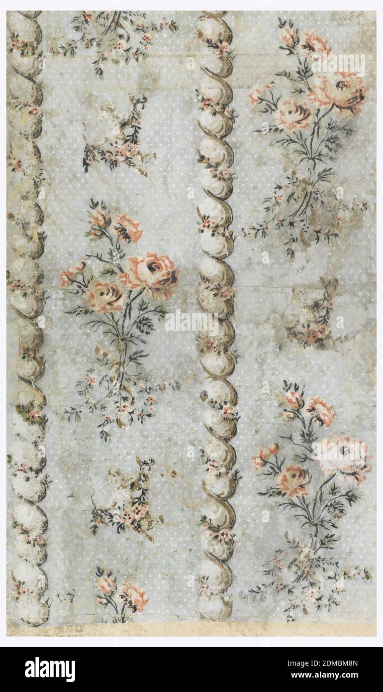 Sidewall, Block-printed on handmade paper, Vertical rectangle composed of three joined sheets giving one and one-half repeats of drop-repeating design, which repeats twice in one width. Vertical twisted cable, entwined with floral sprays, flanked by alternating large and small clusters of roses., France, 1775–85, Wallcoverings, Sidewall Stock Photo
