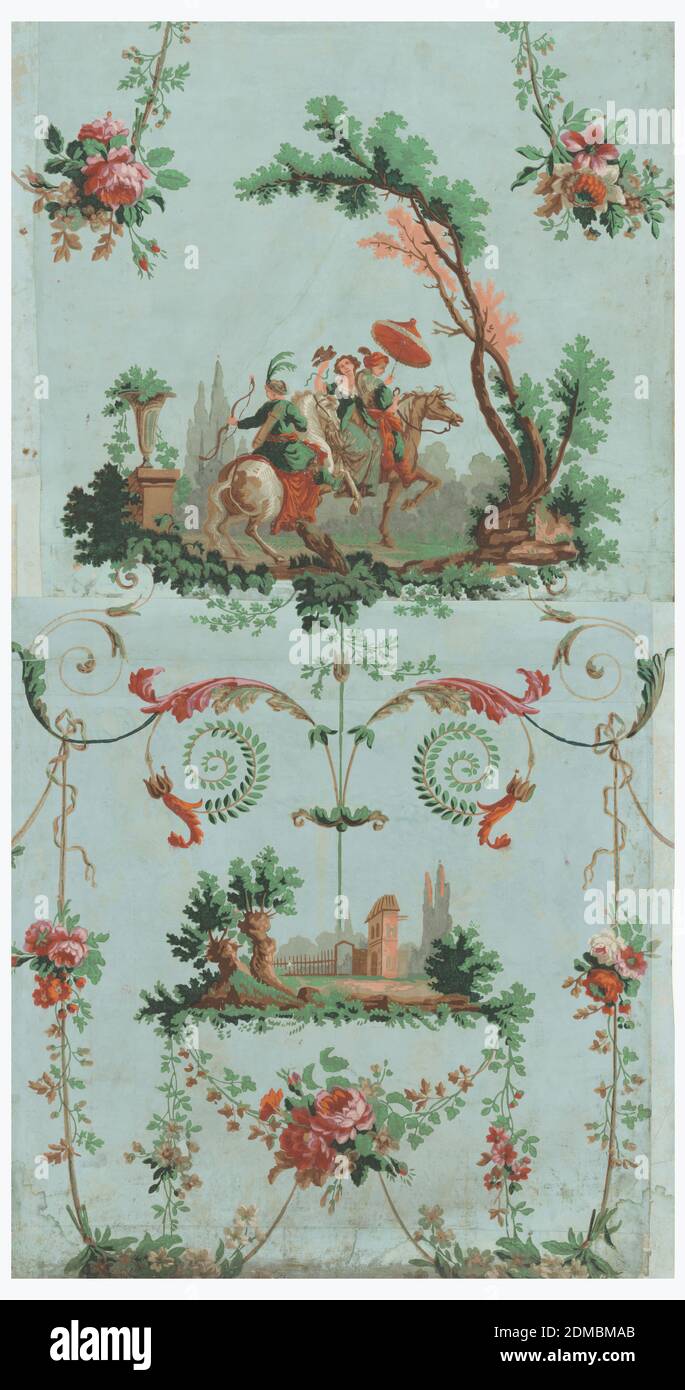 La Chasse au Faucon (Falcon hunt), Block printed on handmade paper, Arabesque with two scenes: one of hunting party of three on horse, the other of landscape with architecture; surround of acanthus scrolls and floral swags. Printed on joined sheets of handmade paper., Paris, France, 1794–97, Wallcoverings, Sidewall, Sidewall Stock Photo