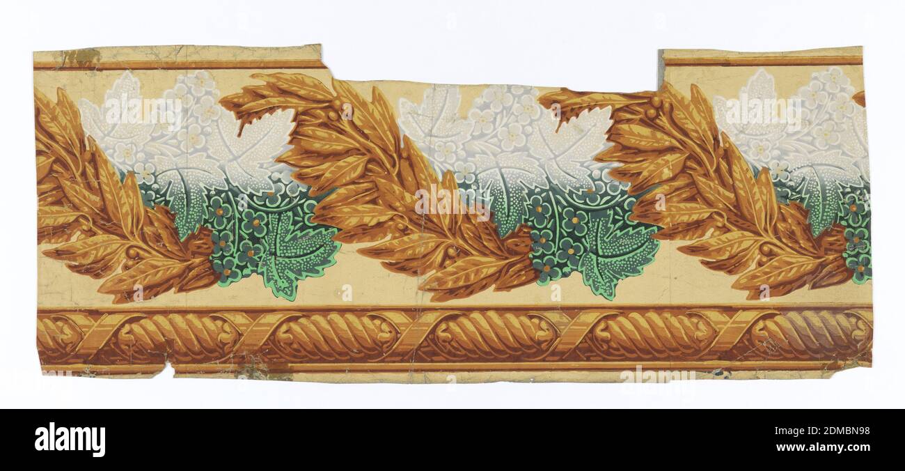 Border, Block-printed, Intertwined cables of laurel and maple leaves. Ground tone of maple leaves,and printed outline, have been blended in the printing. Printed in browns, greens, gray and white, on buff ground., France, 1830–40, Wallcoverings, Border Stock Photo