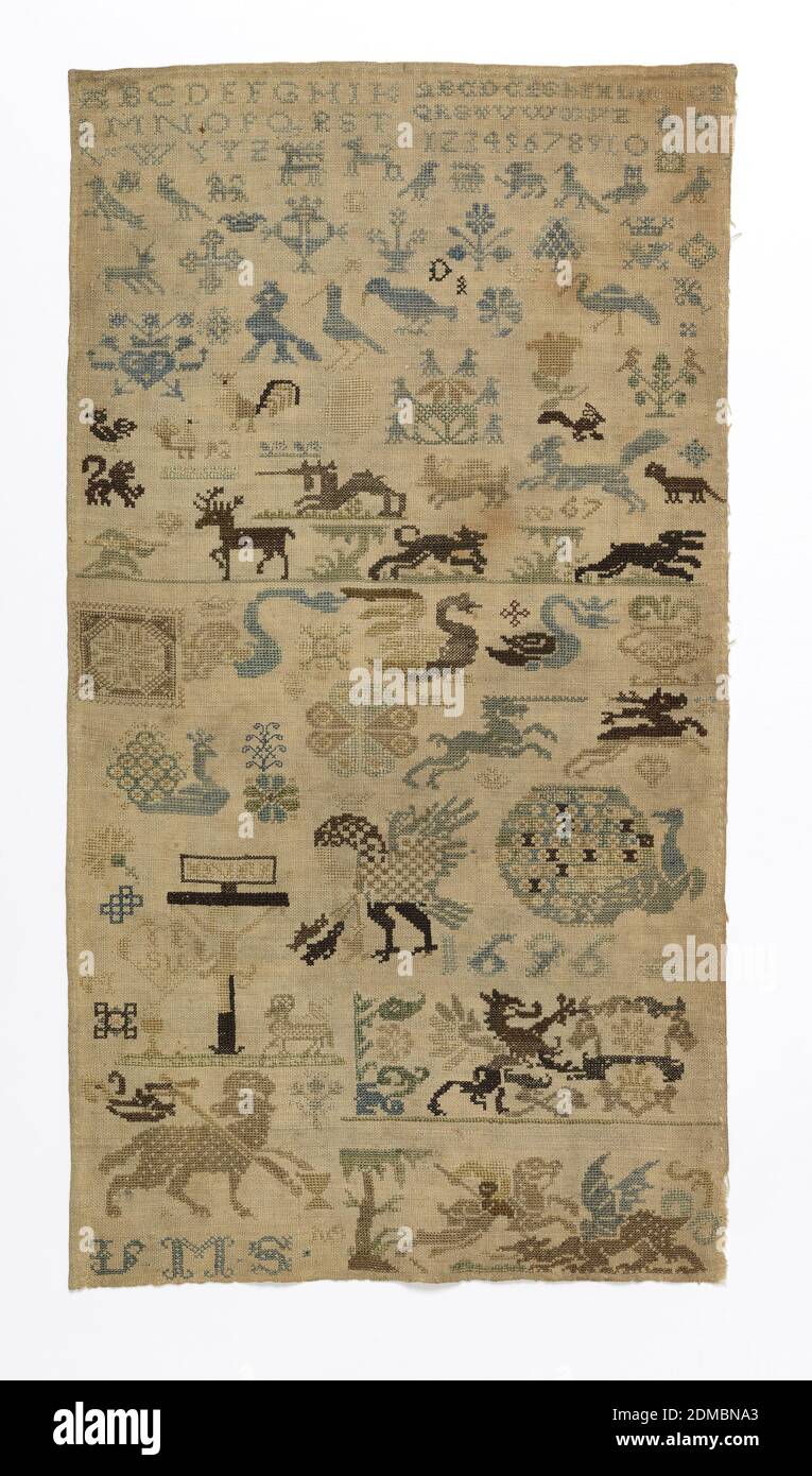 Sampler, Medium: silk and metal-wrapped silk embroidery, linen foundation Technique: cross and double running stitches on plain weave, Detached motifs of religious significance plus animals, birds, flowers., Germany, 1697, embroidery & stitching, Sampler Stock Photo
