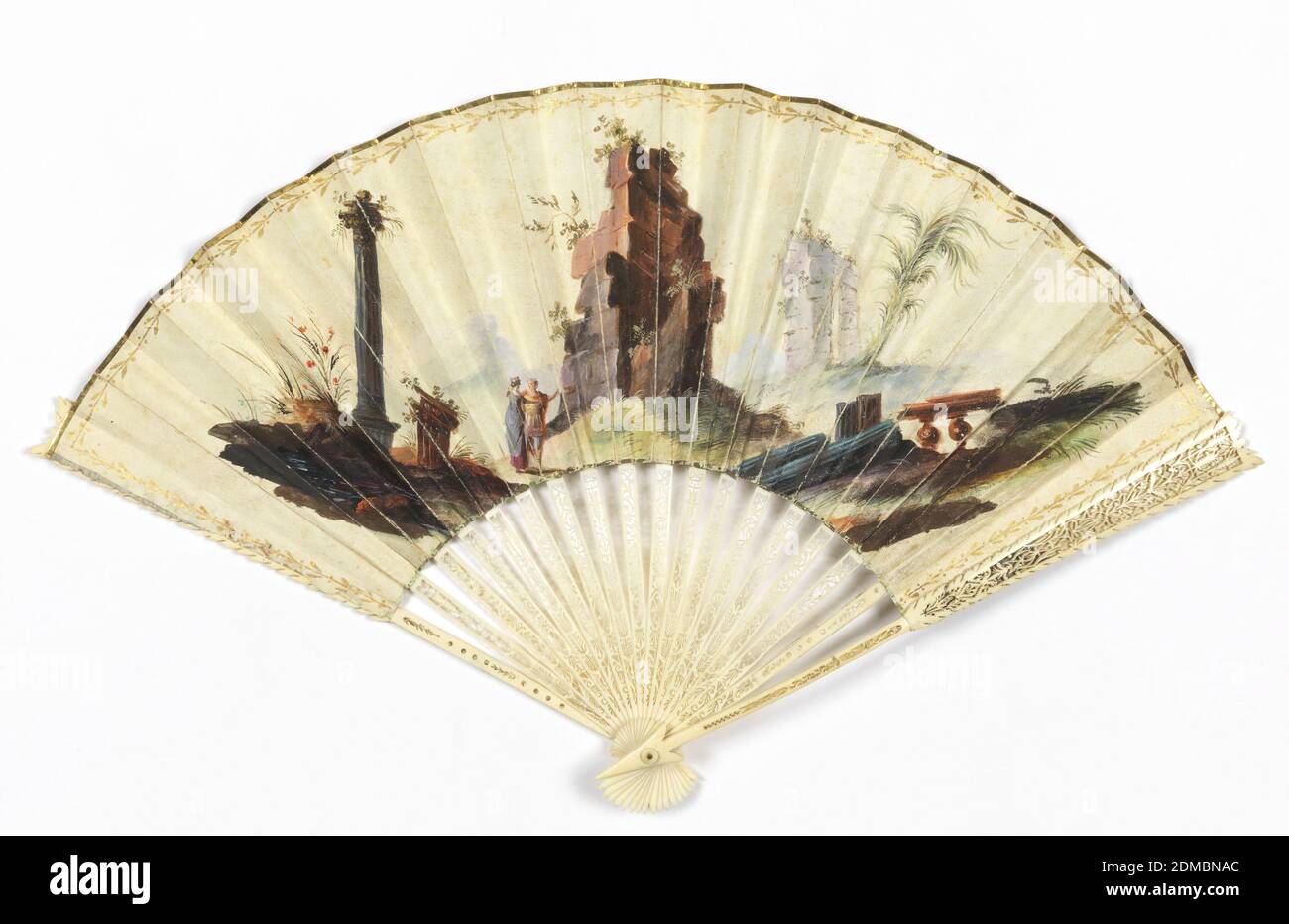 Pleated fan, Gilded parchment leaf painted with gouache, ivory sticks carved à jour, carved and pierced ivory guards overlaid with gold foil, ivory button at rivet, Pleated fan. Gilded parchment leaf painted with gouache. Obverse: classical scene illustrating the sacrifice of Iphigenia showing a sorrowing warrior at left; at center, a sacrificial altar to which the aged priest Colchas leads the weeping Iphigenia, while above in the clouds are Artemis with a deer; at right, a warrior and two female figures, watching the heavenly apparition. Narrow, gilded borders of abstract design Stock Photo
