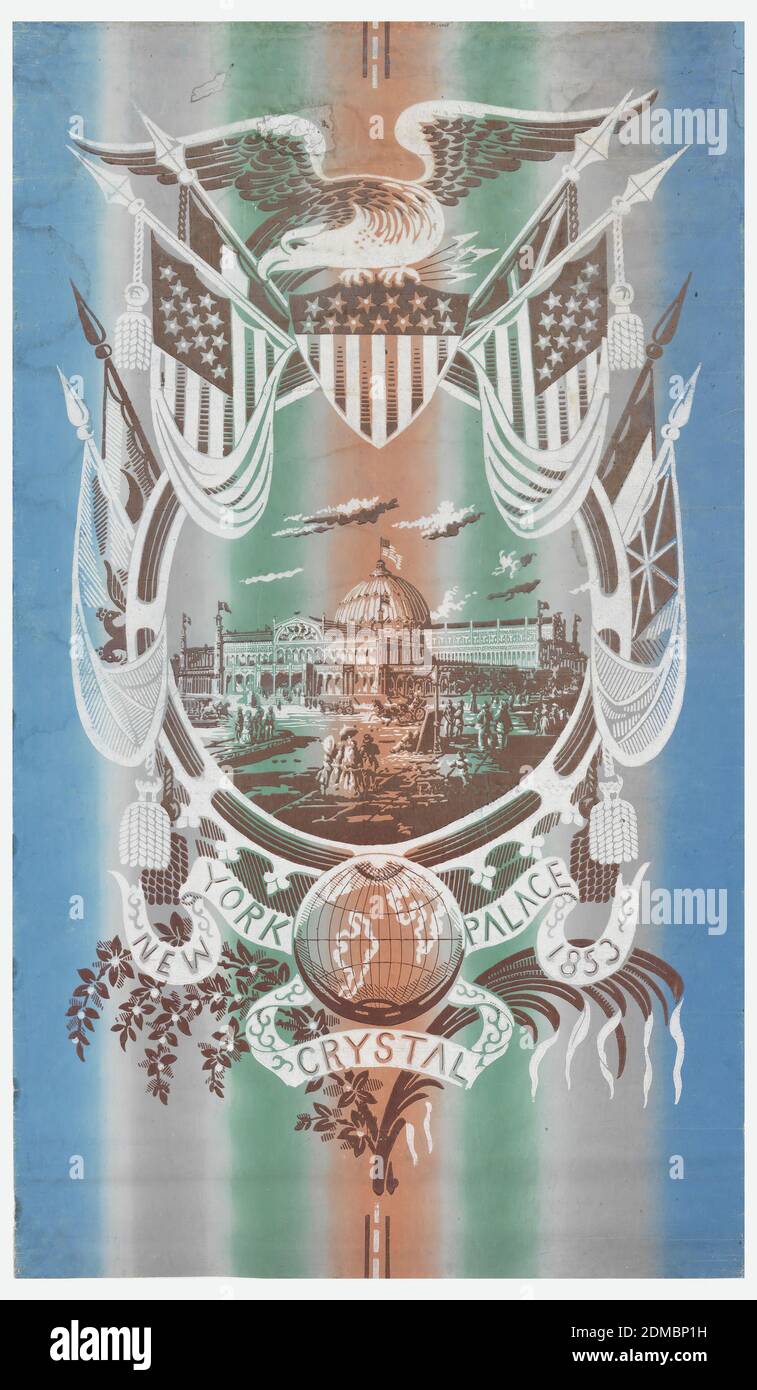 New York Crystal Palace, 1853, Machine printed on continuous paper, Glass and cast iron building (The New York Crystal Palace) within large circular frame. Clusters of people on Palace grounds. Atop this is a spread eagle perched on shield of stars and stripes. Flanking eagle are unfurled flags of U.S. and other nations. At bottom center is globe on banner reading 'New York Crystal Palace 1853,' below which are a spray of flowers and a palm frond. Six fleurs-de-lys edge bottom of frame. Printed in grey, coral and green 'rainbow' stripes, white and brown on a blue ground Stock Photo