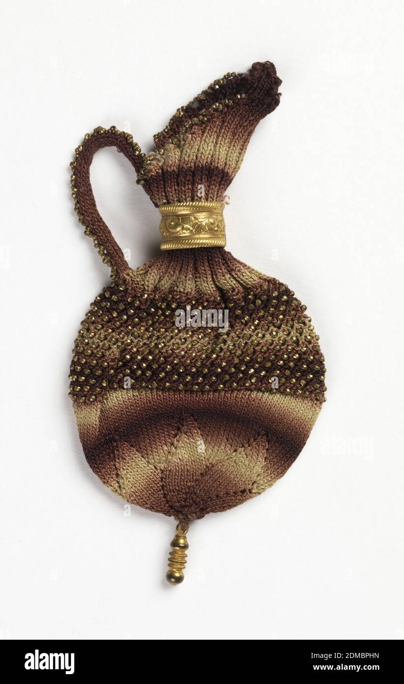 Purse (pence jug), Medium: silk Technique: knitted, Small purse in the form of a jug, in ombre stripes from brownish-red to white. With bronze-colored beads, a gilt ring at neck, and gilt drop at botton., France, 1830–60, costume & accessories, Purse (pence jug Stock Photo