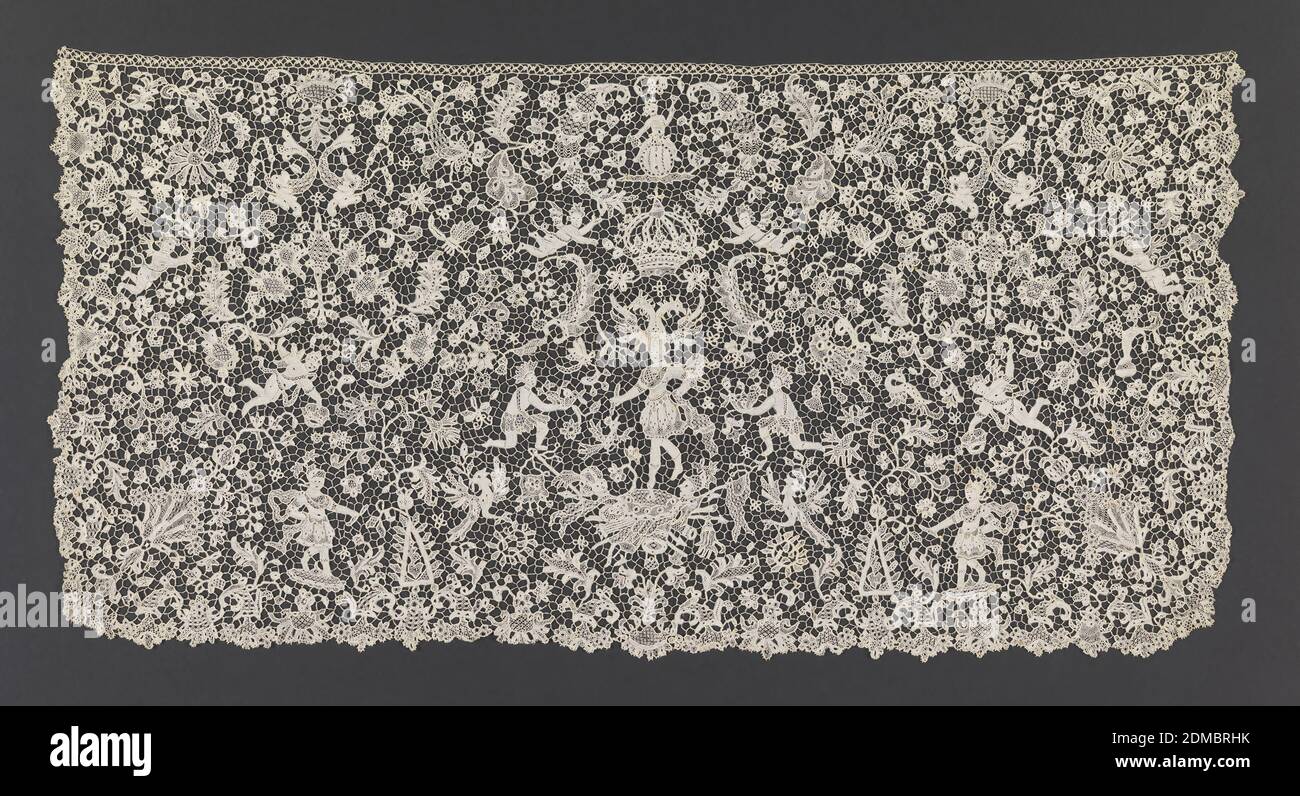 Cravat end, Medium: linen Technique: needle lace, 6-sided reworked grounds Label: linen needle lace, Needle lace cravat end with a delicate all-over floral design and figures, including a figure dressed as a warrior, wearing a helmet in form of a double-headed eagle, standing on a trophée flanked by kneeling warriors; the scene surmounted by a royal crown and surrounded by dolphins, winged putti, warrior figures and foliated sprays., France, ca. 1695, lace, Cravat end Stock Photo