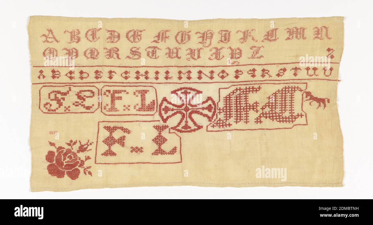 Sampler, Medium: linen embroidery on linen foundation Technique: embroidered on plain weave, Gothic alphabet, Maltese cross, and the initials FL embroidered in red on a white ground., Germany, 19th century, embroidery & stitching, Sampler Stock Photo