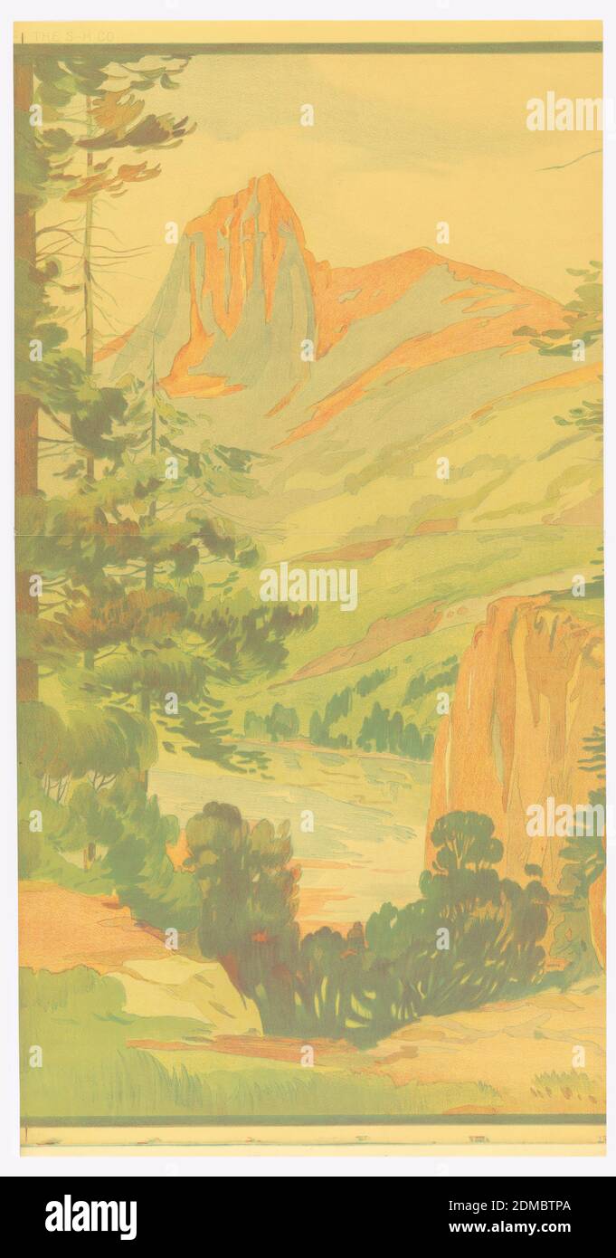 Sierras, The Schmitz-Horning Co., Cleveland, Ohio, 1905 - 1960, Chromolithograph on paper, Landscape scene with mountain range in the background, trees and hills in the middle ground and rock formation and more trees in the foreground. Printed in earth tones and greens., Cleveland, Ohio, USA, 1913–1914, Wallcoverings, Scenic - panel, Scenic - panel Stock Photo