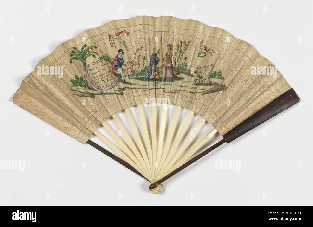 Pleated fan, Paper leaf with hand-colored engraving, ivory sticks, wood guards Background print appears to be block printed. The fan probably opriginally had metallic spangles that have deteriorated and fallen off, leaving remnants of tarnished metal in circular shapes. There is a glazing over the printed colors. Possibly gum arabic?, Pleated fan. Paper leaf with hand-colored engraving showing Minerva, with a leopard at her feet and a torch in one hand, presenting an olive branch and wreath to Louis XVI. At right are two putti, one of which is dressed as a Native Indian, holding aloft a banner Stock Photo